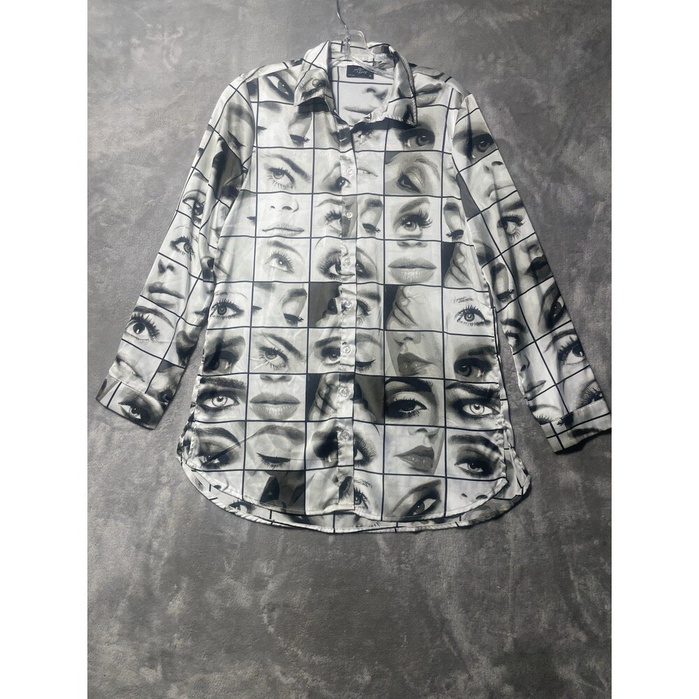 Milk & Honey Chiffon Button-Up Blouse Collared Eye Print Black & White Medium